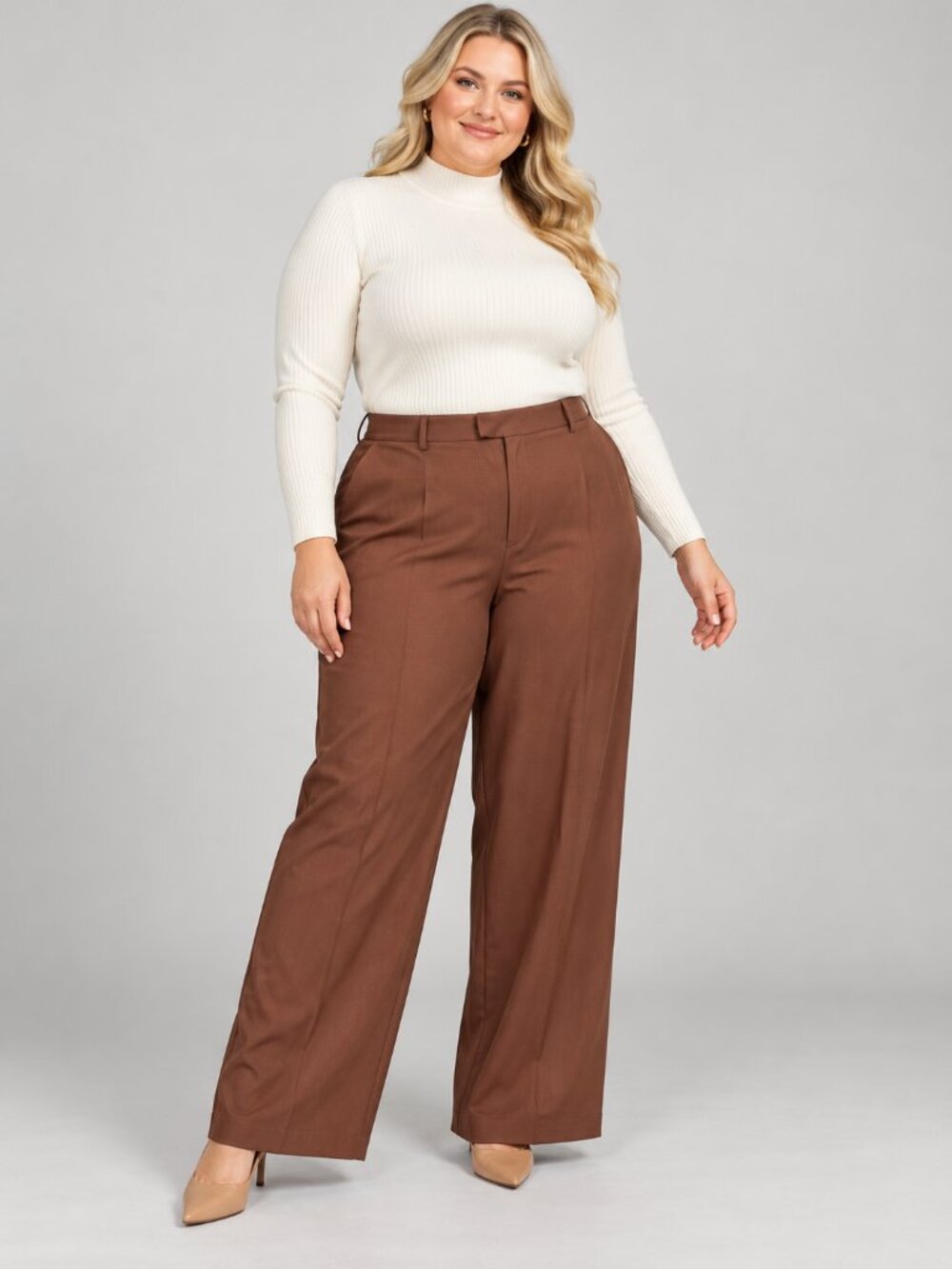 2/$30 SHEIN Curve Solid Color Pleated Wide Leg Pants Wide Leg Pants in Brown 1XL